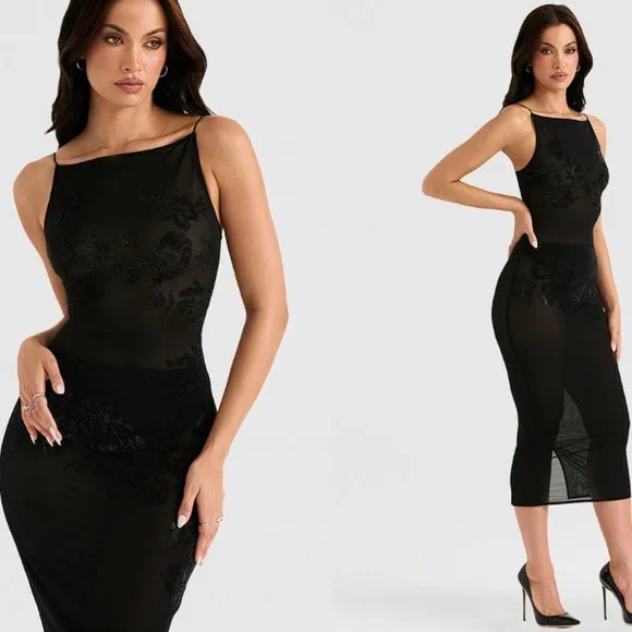 HOUSE OF CB 'Amirah' Black Mesh Crystal Embellished Midi Dress NWOT - Picture 4 of 10